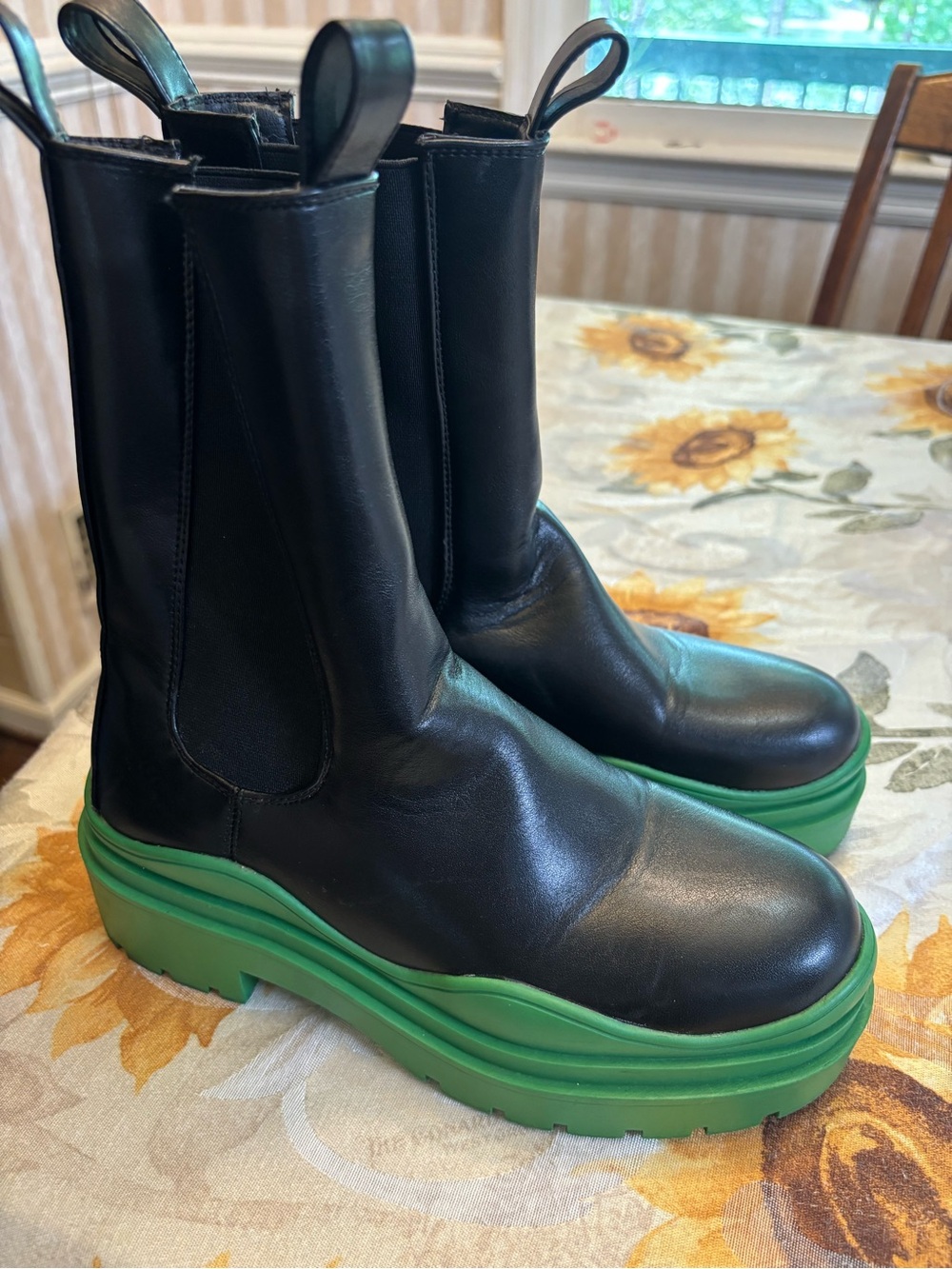 Black Leather Azalea Wang Boots with Green chunky soles. Size 6